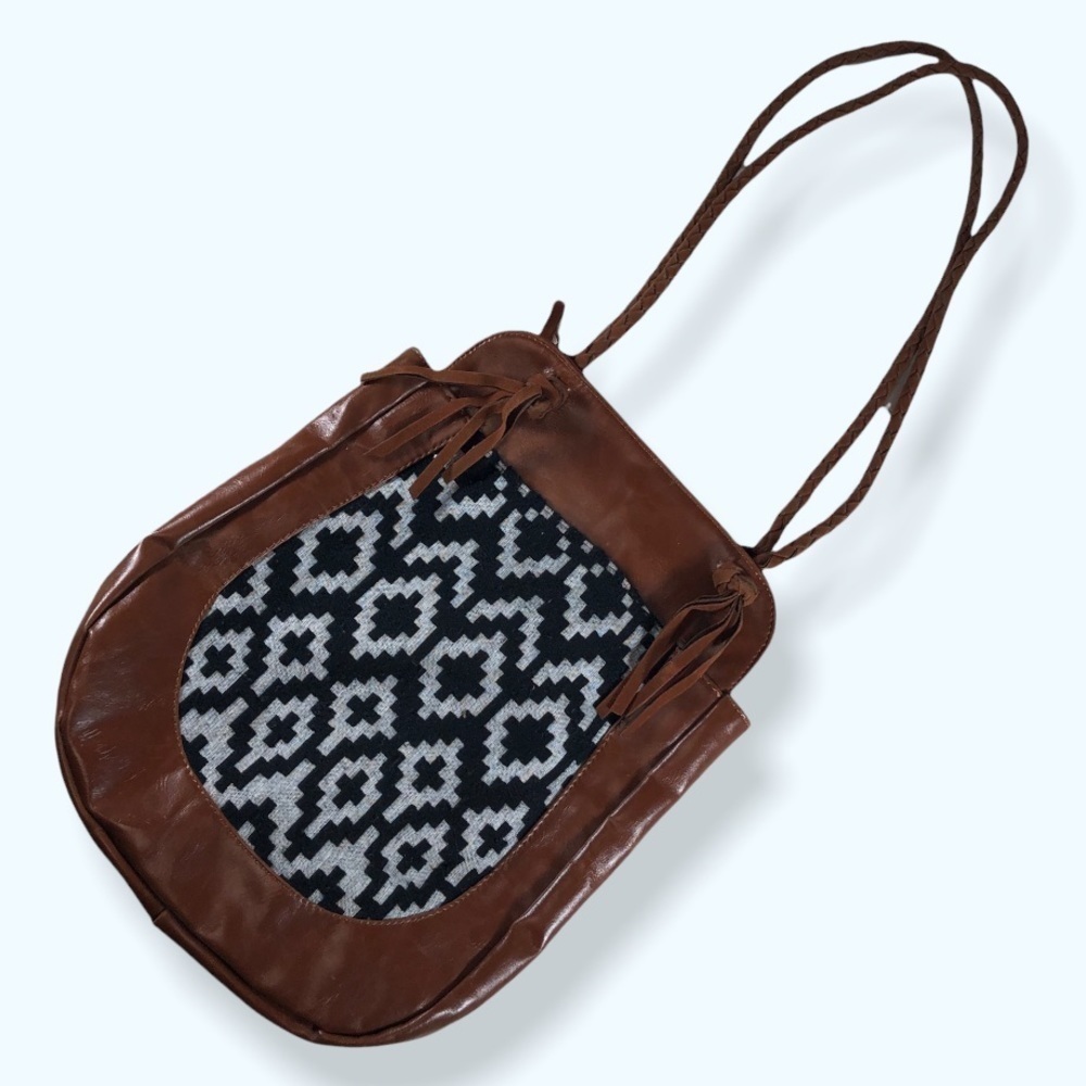 Shoulder Bag with Faux-Leather and Tribal Pattern Fabric